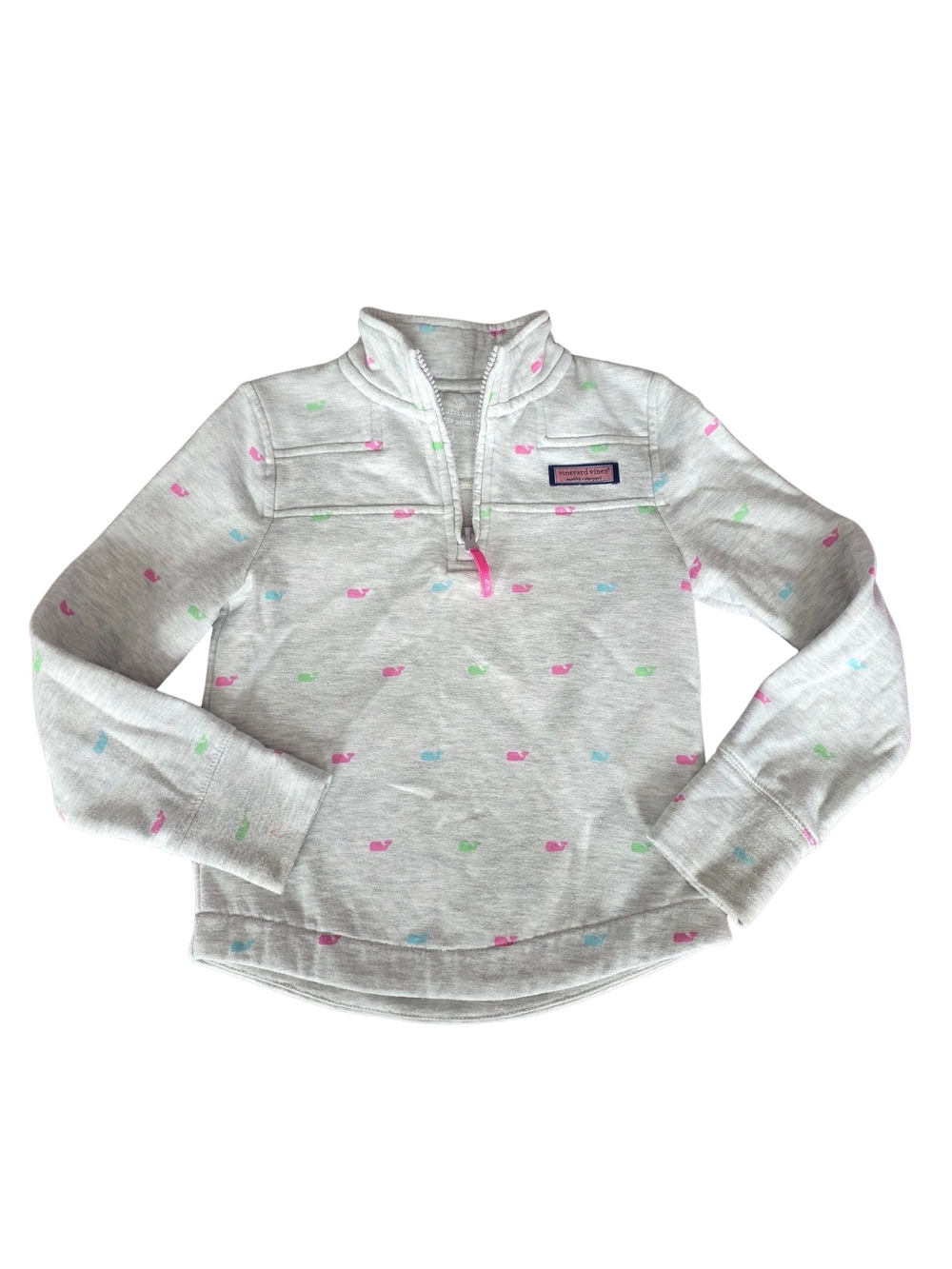 Vineyard Vines Girls' Light Gray Whale Quarter-Zip Sweatshirt with Pink Trim